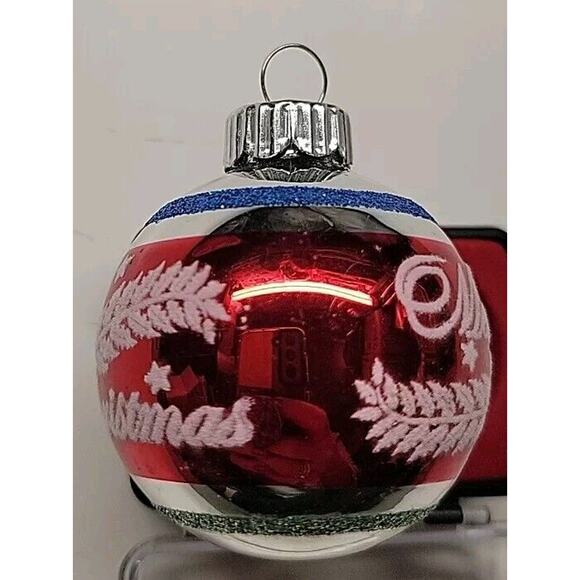 Vintage 2” Radko Shiny Brite Stencil Flocked Ornament Christmas Red Blue Silver - Picture 2 of 5